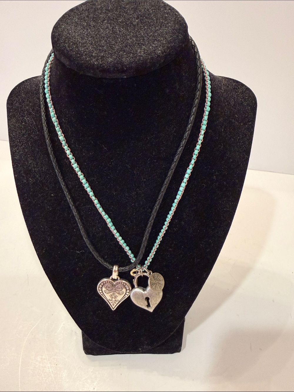 Brighton Silver Tone Heart Pendant Necklace with Black Cord Bundle  Turquoise